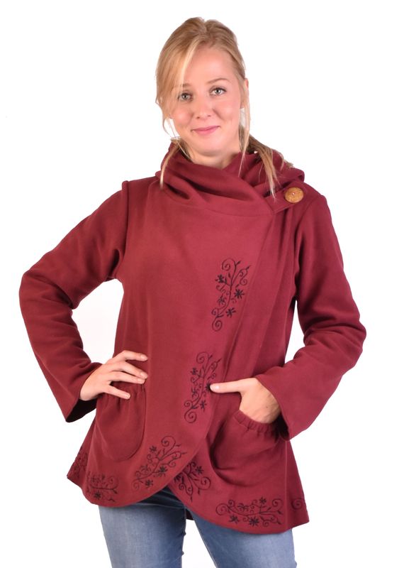 Vínový kabát s kapucí zapínaný na knoflík, květinová výšivka XL , Nepál ,  100% polyester - GLAMI.cz