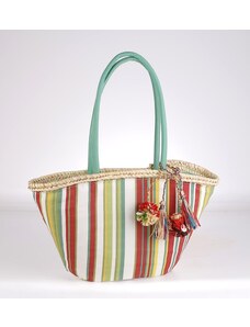 Košík ze sušené palmy Kbas s pruhovaným vzorem a ozdobami na ručičkách zelený 085610V