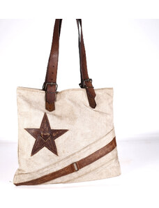Plátěná taška Kbas s koženými ramínky a kovbojským motivem krémově-hnědá