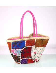 Dámský košík patchwork Kbas barevný s růžovými držadly 085708