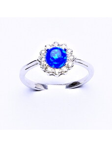 Čištín s.r.o. Zlatý prsten, bílé zlato, tmavě modrý syntetický opál, čiré zirkony, T 1495