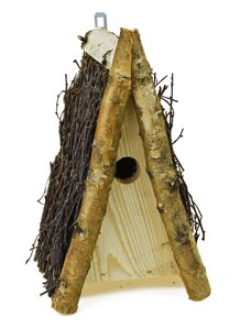 Dřevěná budka pro ptáky se střechou z březových větviček, 18 x 17 cm