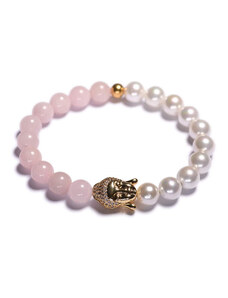Lavaliere Dámský korálkový náramek - růženín a bílé shell perly, Buddha