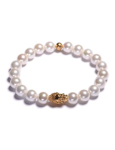 Lavaliere Dámský perlový náramek - bílé shell perly, Buddha zlato M - 17 cm