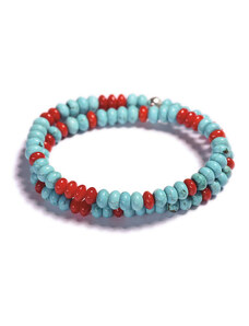 Lavaliere Pánský korálkový wrap náramek - modrý tyrkys, červený korál stříbro L - 18 cm