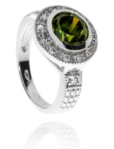 SilverRepublic Stříbrný prsten se zirkony (kubická zirkonie) - zelený středový kámen - Velikost 54