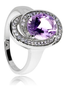 SilverRepublic Stříbrný prsten s fialovým ametystem a zirkony (cubic zirconia), dva spojené ovály - Velikost 57