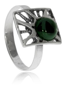 SilverRepublic Stříbrný prsten zdobený malachitem - Zdobené lůžko ve tvaru čtverce s kulatým kamenem - Velikost 56