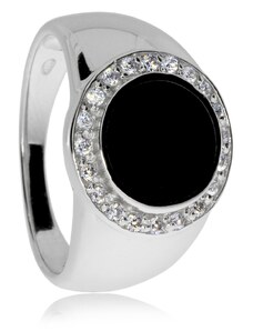 SilverRepublic Stříbrný prsten s kulatým černým kamenem a zirkony (kubická zirkonie - Velikost 60