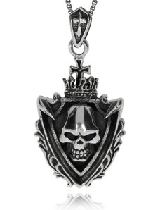 SilverRepublic Stříbrný přívěsek - Lebka s korunou a křížem na štítu