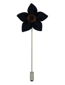 Quentino Tmavě modrá květina do klopy s dřevěným knoflíčkem