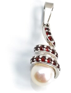 Stříbrný přívěsek český granát a perla, Růžová, Rhodiování