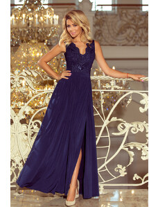 numoco Dlouhé tmavě modré dámské šaty bez rukávů s vyšívaným výstřihem model 6369438