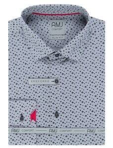 Pánská košile AMJ bavlněná, světle modrá s černými puntíky VDBPSR1009, dlouhý rukáv, slim fit, prodloužená délka