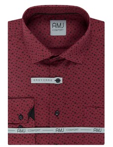Pánská košile AMJ bavlněná, vínová s černými puntíky VDBPR1010, dlouhý rukáv, prodloužená délka