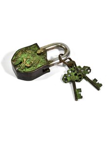 Visací zámek, Sai Baba, zelená patina, mosaz, dva klíče ve tvaru dorje, 9cm