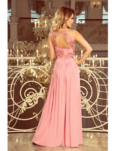 numoco Dlouhé dámské šaty v pudrově růžové barvě bez rukávů a s vyšívaným výstřihem LEA 215-3