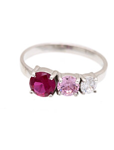 A-diamond.eu jewels Prstýnek stříbrný, rubínový, růžový a čirý kamínek