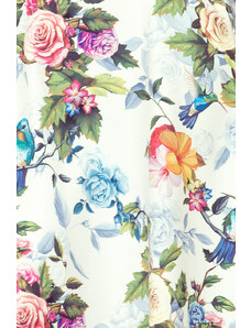 numoco Dámské maxi šaty s volánkem, výstřihem a se vzorem barevných růží a světle modrých ptáčků model 7404387