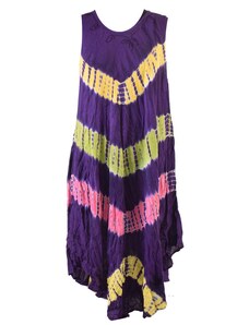 Krátké fialové šaty bez rukávu, barevné batikované pruhy, výšivka FREE , Fialová , Indie , 100%viskóza