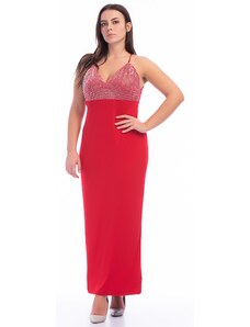 Şans Women's Plus Size Red Evening Dress with Embroidered Stones