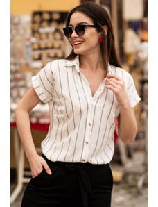 armonika Women's Smoked Linen Striped Short Sleeve Shirt