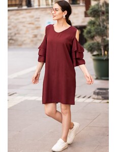 armonika Women's Burgundy V-Neck Dress with Open Shoulders and Ruffled Sleeves