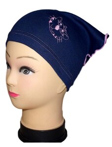 Betty Mode (ušito v ČR) Jarní/podzimní šátek s kočičkou tmavě modrý (růžová výšivka)