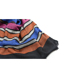 Vlněná vzorovaná šála - růžové, modré, oranžové a bílé pruhy na černém základě