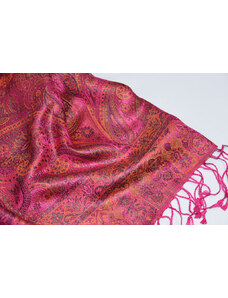 Hedvábná šála Jamawar velká - Růžová a oranžová s ornamenty 2