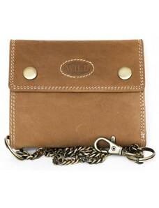 Celá kožená světle hnědá peněženka z pevné přírodní kůže s 45 cm dlouhým řetězem a karabinkou FLW
