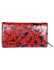 Červeno-černá lakovaná kožená peněženka s ornamentální ražbou FLW