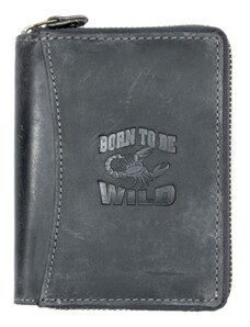 Kožená tmavě šedá peněženka Born to be wild se škorpionem celá dokola na kovový zip FLW