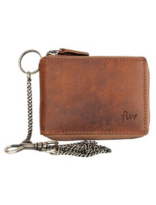 Kožená malá kapesní peněženka s kovovým zipem dokola a řetězem FLW