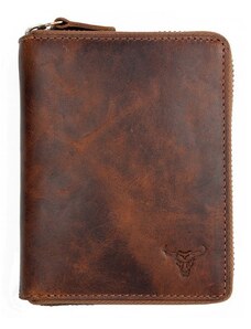 Pánská velká kožená peněženka dokola na kovový zip s býčí hlavou FLW