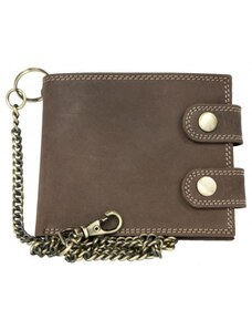 Hnědá kožená peněženka s dvěma sponami a 50 cm dlouhým řetězem bez značek a nápisů FLW
