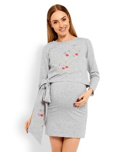 MladaModa Těhotenské šaty s vyšívanými květinami a s vázankou na boku světle šedé