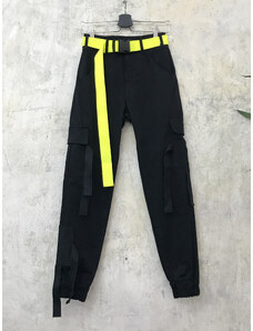 PRINCESS TIRAMISU černé unisex CARGO kalhoty kapsáče s třásněmi a neonovým žlutým páskem