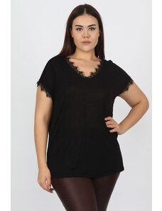 Şans Women's Plus Size Black Lace Detailed Blouse