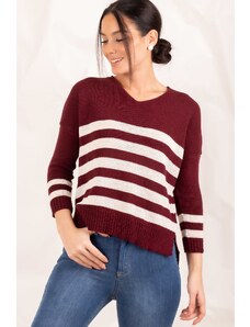armonika Women's Claret Red V-Neck Striped Short Front Sweater