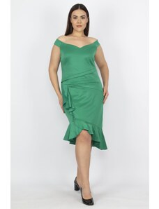 Şans Women's Large Size Green Waist Detailed Flounce Dress
