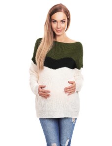 MladaModa Tříbarevný těhotenský svetr model 40023 barva khaki+ecru