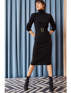 Olalook Dámské černé páskové tlusté žebrované pletené šaty