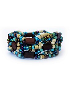 Touch of Bali / Wood & Beads Náramek s ebenovými a skleněnými korálky modro tyrkysový