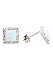 SkloBižuterie-J Stříbrné náušnice s opálem a křišťálky Swarovski components Opal Square II.