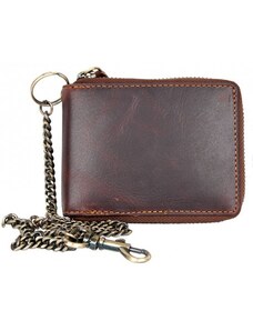 Pánská celá kožená malá kapesní peněženka s kovovým zipem dokola a řetězem bez značek a nápisů FLW