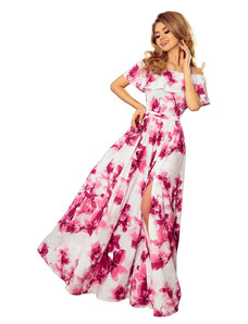 Dlouhé šaty s volánem Numoco - bílé s růžovými květy