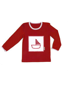 Veselá Nohavice Dětské tričko červené s dlouhým rukávem - výšivka Bílá loďka vel.74/80