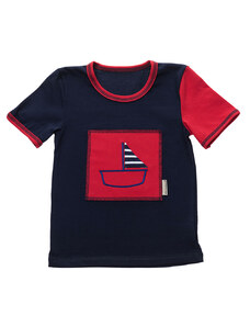 Veselá Nohavice Dětské tričko modré s krátkým rukávem - výšivka Červená loďka vel.86/92