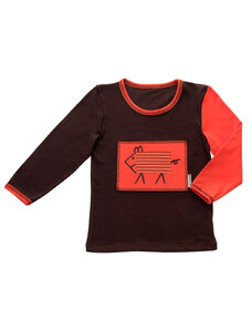 Veselá Nohavice Dětské tričko hnědé s dlouhým rukávem - výšivka Pruhované prase
